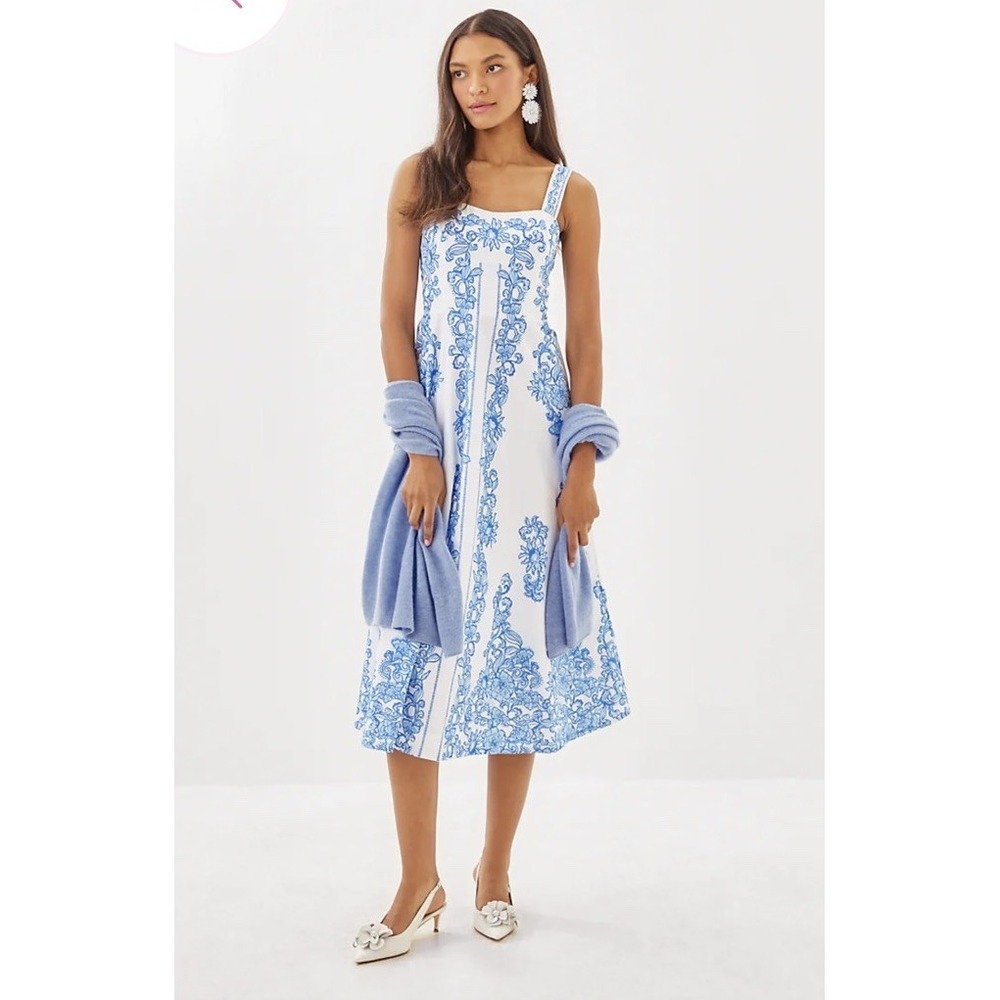 Lilly Pulitzer Maella Midi Dress Blue White Sunny‎ Side Up Sz 12 NEW $318 Resort